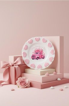 Валентинівський декоративний піднос із мотивом автомобіля та сердець - пастельний рожевий
