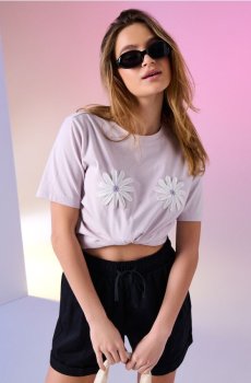 Бавовняна футболка з вишитими квітами - Фіолетовий