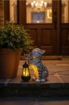 Декоративний сонячний LED ліхтар у формі кота з ліхтарем - сірий