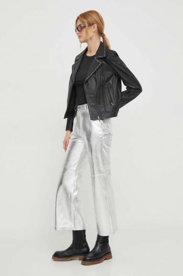 Кожаные брюки Pepe Jeans SASHA SILVER женские цвет серебрянный прямые высокая посадка PL211694 Кожаные брюки Pepe Jeans SASHA SILVER женские цвет серебрянный прямые высокая посадка PL211694