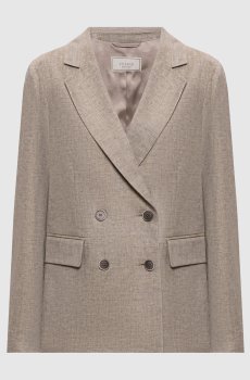 Бежевый двубортный жакет из льна