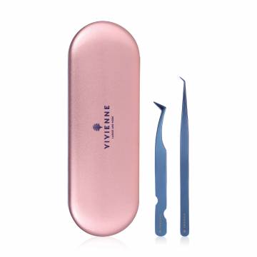Набор пинцетов для наращивания ресниц Vivienne в чехле, синий металлик (мини-L, 1 шт + L, 1 шт)