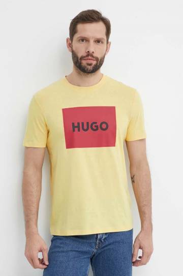 Хлопковая футболка HUGO мужской цвет жёлтый с принтом Хлопковая футболка HUGO мужской цвет жёлтый с принтом
