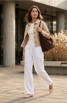 Джинсова куртка з в’язаним гачком низом - бежевий