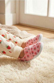 Бавовняні кросівки із застібкою на липучку та малюнком полуниць - пастельний рожевий
