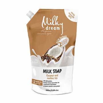 Жидкое крем-мыло Milky Dream Кокос и ройбуш, с молочным протеином, экстрактами кокоса и ройбуша, 1 л (дойпак) Жидкое крем-мыло Milky Dream Кокос и ройбуш, с молочным протеином, экстрактами кокоса и ройбуша, 1 л (дойпак)