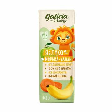 Детский сок Galicia Baby Яблоко-морковь-банан, от 1 года, 200 мл