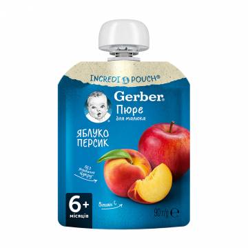 Детское фруктовое пюре Gerber Яблоко и персик, с 6 месяцев, 90 г (пауч) Детское фруктовое пюре Gerber Яблоко и персик, с 6 месяцев, 90 г (пауч)
