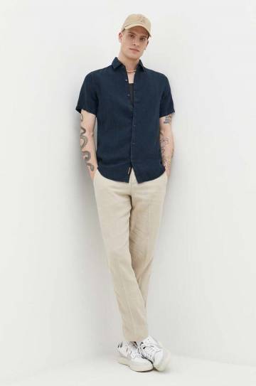 Льняная рубашка Superdry цвет синий regular классический воротник Льняная рубашка Superdry цвет синий regular классический воротник