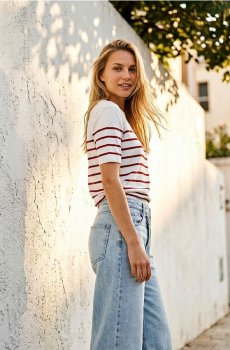 Светр із коротким рукавом у смужку - червоний