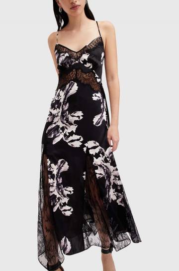 Платье с шёлком AllSaints JASMINE цвет чёрный maxi расклешённое W029DB Платье с шёлком AllSaints JASMINE цвет чёрный maxi расклешённое W029DB
