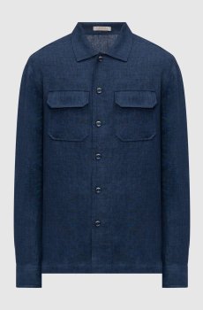 Синяя рубашка из льна прямого кроя