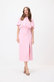 Reserved - Сукня міді зі зборками - пастельний рожевий - 742HR-03X