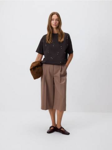 Reserved - Бавовняна футболка з вишивкою - темно коричневий - 371GU-89X