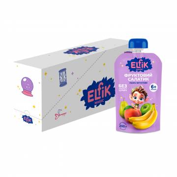 Детское фруктовое пюре Elfik Magic Фруктовый салатик, без добавленного сахара, от 6 месяцев, 12*200 г Детское фруктовое пюре Elfik Magic Фруктовый салатик, без добавленного сахара, от 6 месяцев, 12*200 г