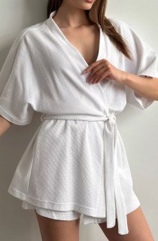 Пижамный комплект женский Miso Waffle Шорты и халат, белый, размер M/L (11465)