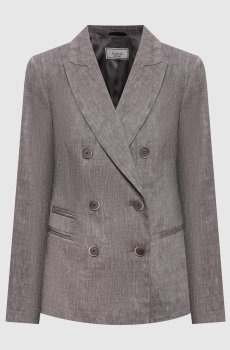 Серый двубортный жакет из шерсти и льна