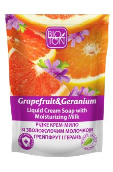Жидкое крем-мыло Bioton Cosmetics Грейпфрут и герань, с увлажняющим молочком, 450 мл (дойпак)