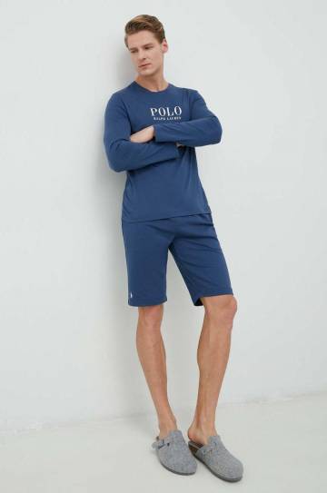Хлопковый пижамный лонгслив Polo Ralph Lauren цвет синий с принтом Хлопковый пижамный лонгслив Polo Ralph Lauren цвет синий с принтом