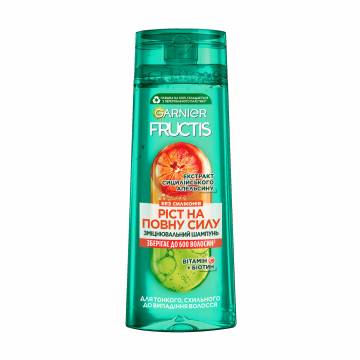 Укрепляющий шампунь Garnier Fructis Рост во всю силу, для тонких волос, склонных к выпадению, 400 мл Укрепляющий шампунь Garnier Fructis Рост во всю силу, для тонких волос, склонных к выпадению, 400 мл