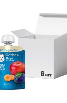 Упаковка детского пастеризованного фруктово-овощного пюре Gerber Яблоко, слива и морковь, от 6 месяцев, 90 г * 6 шт