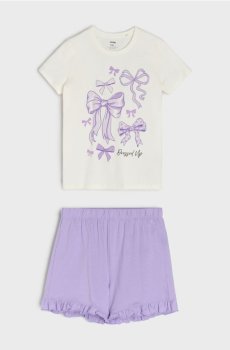 Бавовняна двокомплектна піжама з мотивом бантиків - кремовий