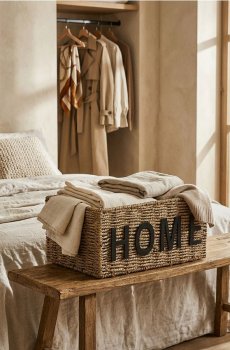 Плетений кошик для зберігання з написом Home - бежевий