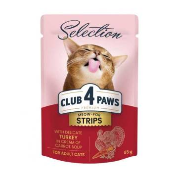 Влажный корм для взрослых кошек Club 4 Paws Meow-For Strips, с индейкой в крем-супе из моркови, 85 г Влажный корм для взрослых кошек Club 4 Paws Meow-For Strips, с индейкой в крем-супе из моркови, 85 г