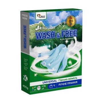Стиральный порошок Wash & Free Горная свежесть, для ручной стирки, 7 стирок, 400 г Стиральный порошок Wash & Free Горная свежесть, для ручной стирки, 7 стирок, 400 г