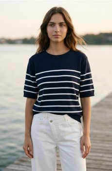 Светр із коротким рукавом у смужку - темно-синій
