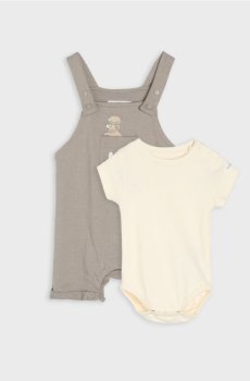 Бавовняний комплект: боді та комбінезон із лямками - бежевий