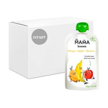 Упаковка Детское фруктовое пюре Mama knows Манго, яблоко, банан, без сахара, от 8 месяцев, 10*90 г Упаковка Детское фруктовое пюре Mama knows Манго, яблоко, банан, без сахара, от 8 месяцев, 10*90 г
