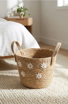 Плетений кошик для зберігання з мотивом ромашок - кремовий