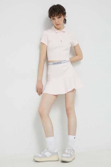 Юбка Tommy Jeans цвет розовый mini расклешённая Юбка Tommy Jeans цвет розовый mini расклешённая