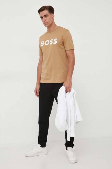 Хлопковая футболка BOSS цвет бежевый с принтом Хлопковая футболка BOSS цвет бежевый с принтом