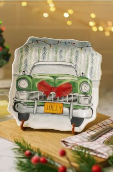 Різдвяна тарілка з мотивом автомобіля з бантом - зелений
