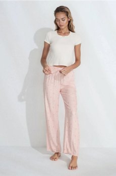 Двокомплектна бавовняна піжама зі штанами в клітинку - кремовий