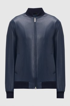 Синий кожаный бомбер