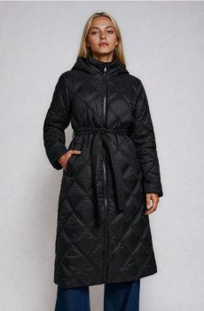 Стьобане пальто з капюшоном - чорний