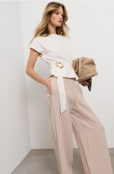 Штани wide leg з віскозою - бежевий