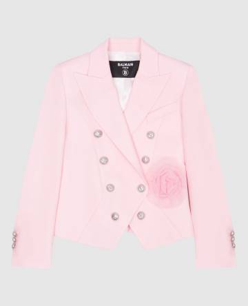 Детский розовый двубортный жакет из шерсти с аппликацией