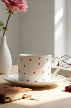 Керамічна чашка та блюдце з мотивом сердець - білий