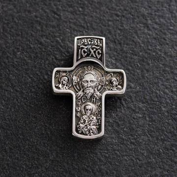 Серебряный крест "Спас Нерукотворный. Святитель Николай. Покров Пресвятой Богородицы" с чернением 132402 Серебряный крест "Спас Нерукотворный. Святитель Николай. Покров Пресвятой Богородицы" с чернением 132402