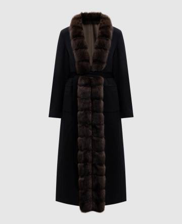 Черное двустороннее пальто из кашемира с мехом соболя