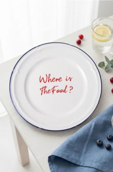 Керамічна тарілка з написом Where is The Food? - синій