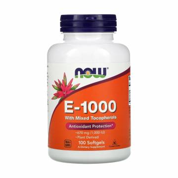 Bитaмин E со смешанными токоферолами NOW foods E-1000, 670 мг, 100 капсул Bитaмин E со смешанными токоферолами NOW foods E-1000, 670 мг, 100 капсул