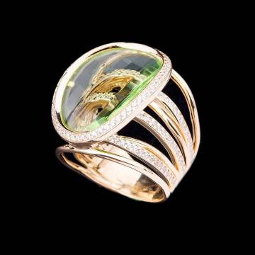 Эксклюзивное золотое кольцо с празиолитом и фианитами к04289 Эксклюзивное золотое кольцо с празиолитом и фианитами к04289
