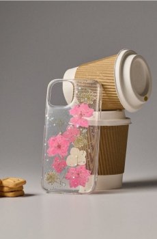 Прозорий чохол для iPhone 13/14 із сушеними рожевими квітами та блискітками - різнобарвний