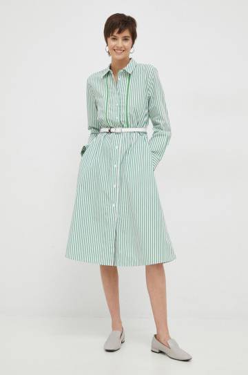 Хлопковое платье Tommy Hilfiger цвет зелёный midi расклешённое Хлопковое платье Tommy Hilfiger цвет зелёный midi расклешённое