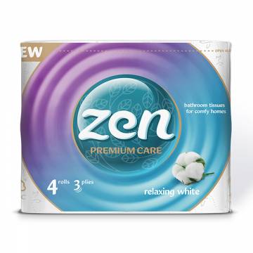 Туалетная бумага Zen Premium Care, 3-слойная, 145 отрывов, 4 рулона Туалетная бумага Zen Premium Care, 3-слойная, 145 отрывов, 4 рулона
